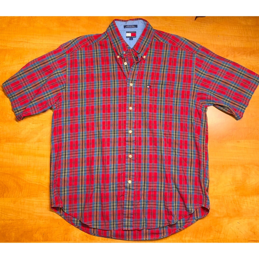 Tommy Hilfiger Mens Red Blue Plaid Short Sleeve Button Down Shirt Large Cotton